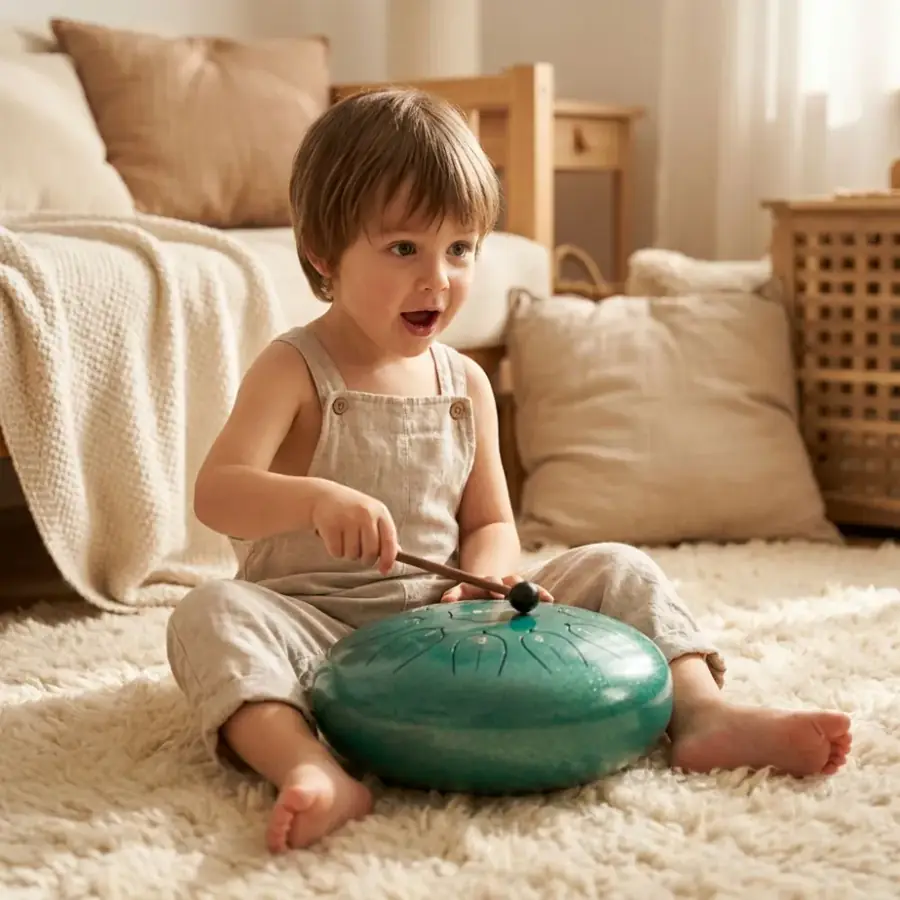 Child exploring the handcrafted Sonodrum